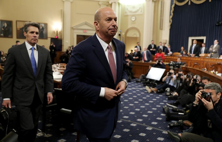 Gordon Sondland departs after testifying before the House Intelligence Committee in the Longworth House Office Building on Capitol Hill November 20, 2019 in Washington, DC.