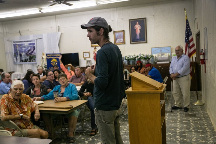 Scott Warren, a volunteer for the humanitarian aid organization No More Deaths, speaks at a community meeting to discuss federal charges against him for providing food and shelter to undocumented immigrants on May 10, 2019, in Ajo, Arizona.