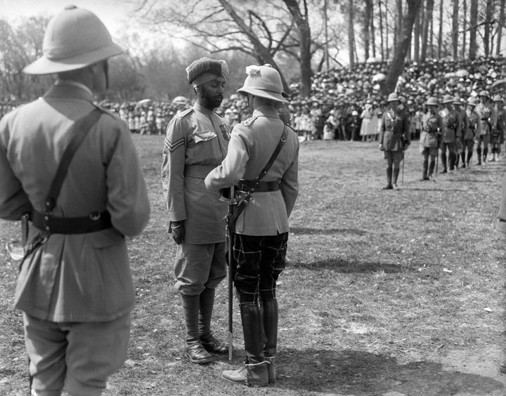 The Prince of Wales presents the Victoria Cross to Sepoy Ishar Singh of the 28th Punjabi's. He was the first Sikh soldier to receive the coveted decoration in 1922.