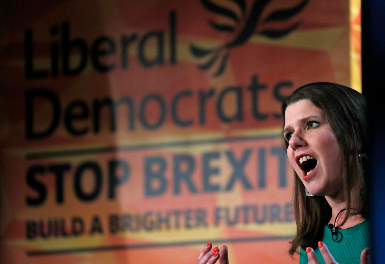 Liberal Democrat leader Jo Swinson speaks on stage at the launch of her party's general election manifesto in London, November 20.