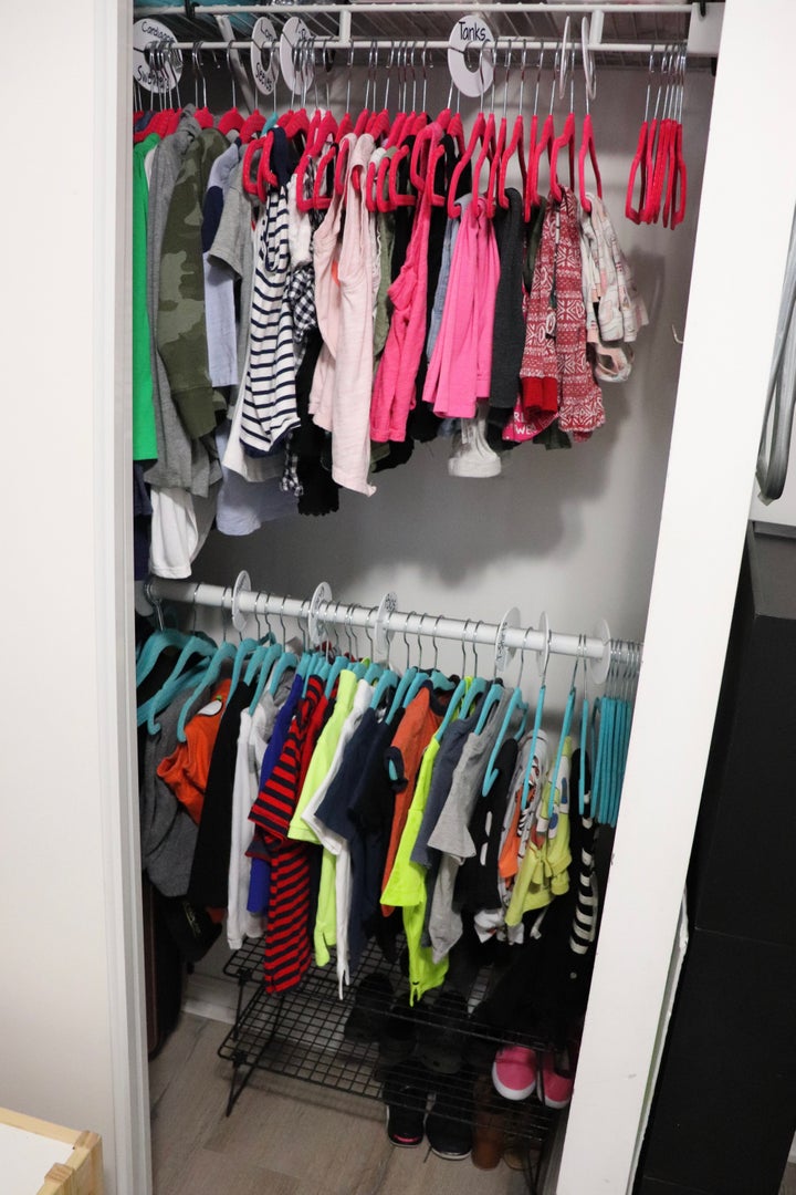 Clothing is organized to be easily mixed and matched.