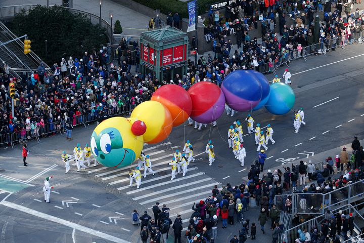 The Caterpillar balloon travels the parade route.