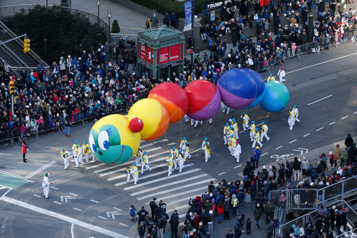 The Caterpillar balloon travels the parade route.