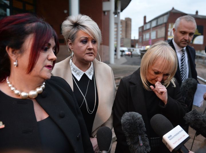 Christine Burke, daughter of victim Henry Thomas Burke; Louise Brookes, sister of victim Andrew Brookes; and Jenni Hicks, whose two daughters died in the disaster, speaking outside Preston Crown Court