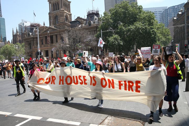 Students and protestors march through the streets of the Sydney CBD.