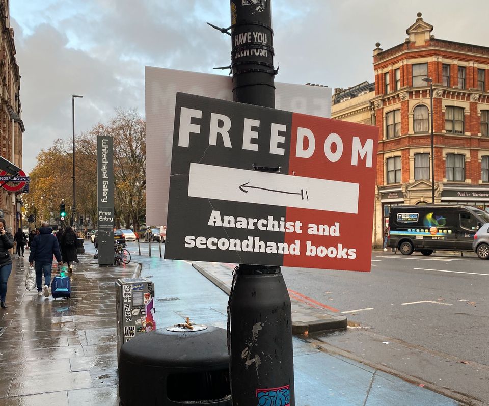 A sign for Freedom Press, an anarchist bookshop in Whitechapel 