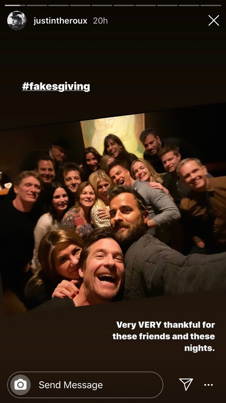 Justin Theroux attends Jennifer Aniston's Friendsgiving.