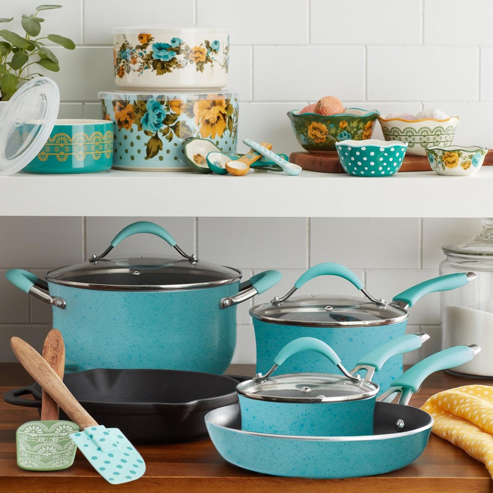 Rachael Ray 12-Piece Cityscapes Porcelain Enamel Cookware Set - Turquoise