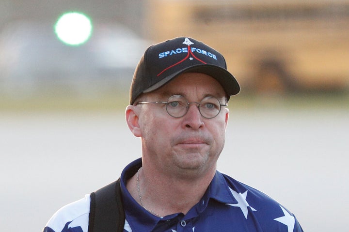 Mulvaney was wearing a stars and stripes shirt and a hat emblazoned with the words "Space Force."