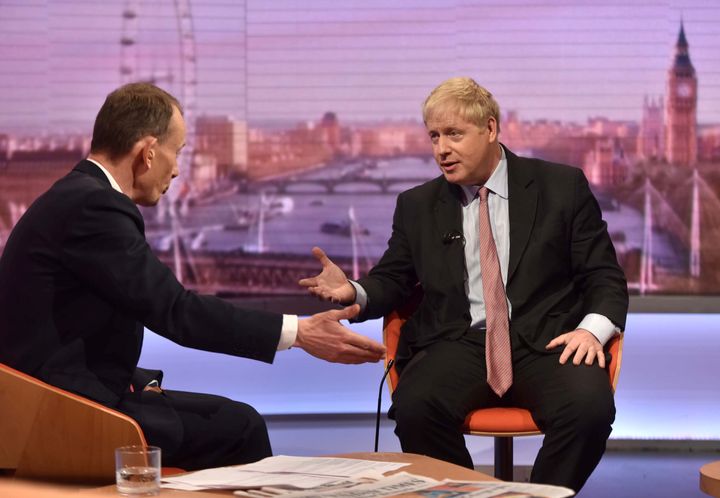 Boris Johnson, pictured here during a 2018 interview with Andrew Marr, has refused to commit to a TV interview with Andrew Neil. 