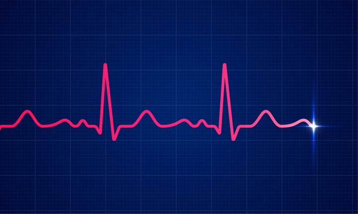 Red heart beat pulse electrocardiogram rhythm on blue cardio chart monitor background. Vector healthcare ECG or EKG medical life concept for cardiology or medical resuscitation illustration