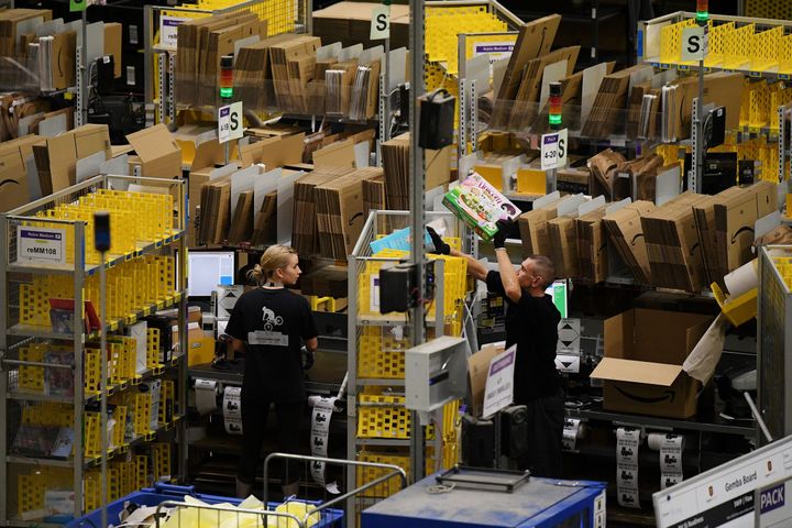 Amazon workers at a UK fulfilment centre in November. 