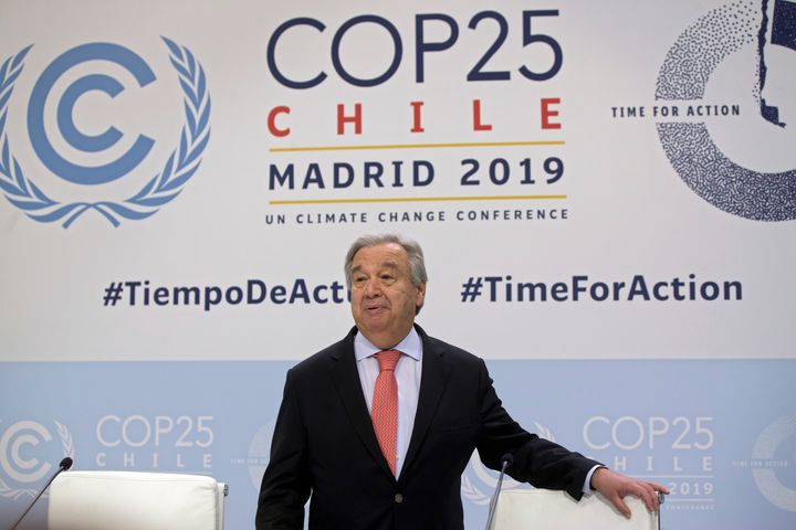 U.N. Secretary-General Antonio Guterres arrives for a news conference at the COP25 summit in Madrid, Spain, Sunday, Dec. 1, 2019. (AP Photo/Paul White)