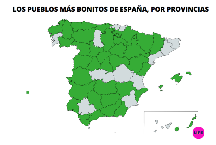Mapa de los pueblos más bonitos de España, por provincias.