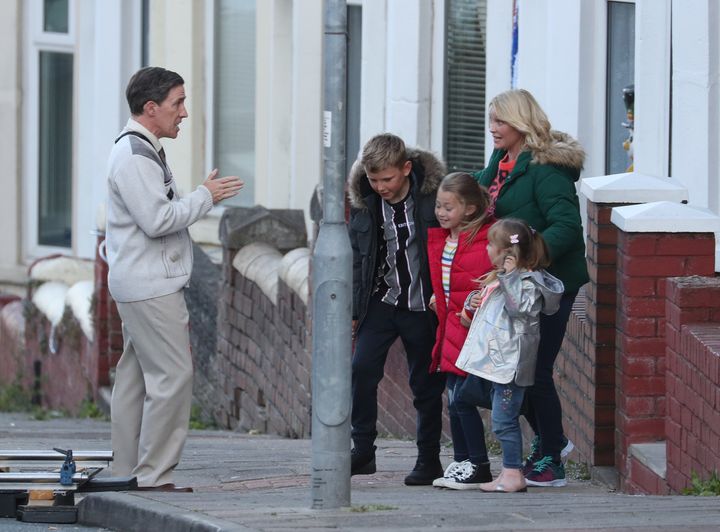 Rob Brydon and Joanna Page during filming for the Gavin and Stacey Christmas special at Barry in the Vale of Glamorgan, Wales.