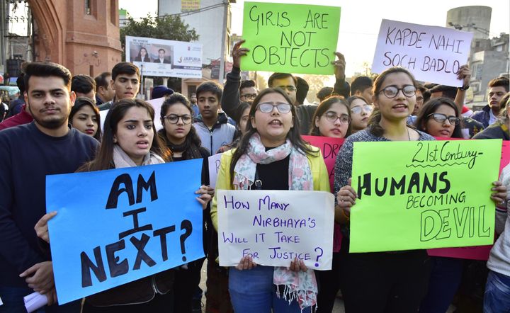 AMRITSAR, INDIA DECEMBER 1: People hold placards as they demand justice for Hyderabad rape victim, on December 1, 2019 in Amritsar, India.