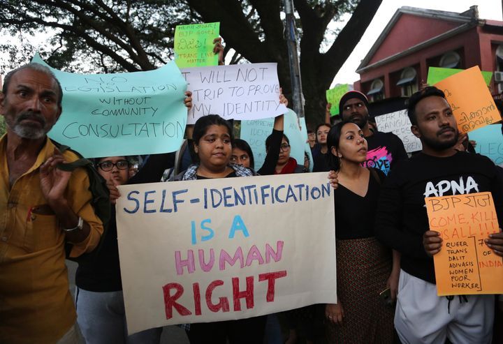 Supporters of lesbian, gay, bisexual and transgender community hold placards during a protest against passing of Transgender Persons (Protection of Rights) Bill, 2019, in Bangalore, India last week.