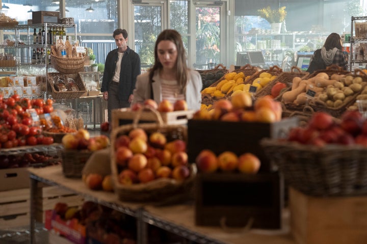 Penn Badgley and Victoria Pedretti in the second season of "You."