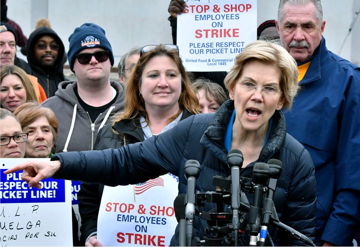 Sen. Elizabeth Warren (D-Mass.) speaks after joining striking Stop & Shop supermarket employees on the picket line on April 12, 2019, in Somerville, Massachusetts.