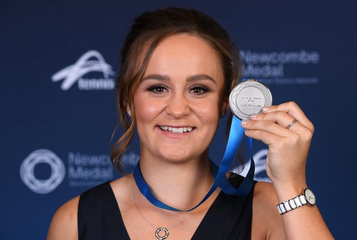 Ashleigh Barty poses with her medal after being awarded the 2019 Newcombe Medal during the 2019 Newcombe Medal at Crown Palladium on December 02.