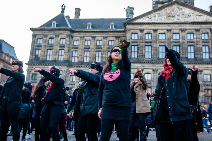 A group of Chilean women performing with blindfolds during a demonstration in The Netherlands.