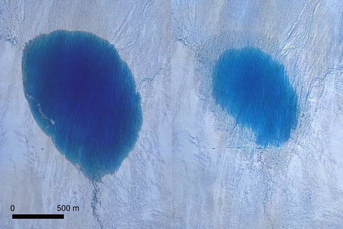 Une image du lac avant-après. Selon une étude du PNAS, de gigantesques fractures dans la calotte glaciaire formeraient des "moulins" à eau drainant plusieurs centaines de milliers de litres d'eau par seconde.