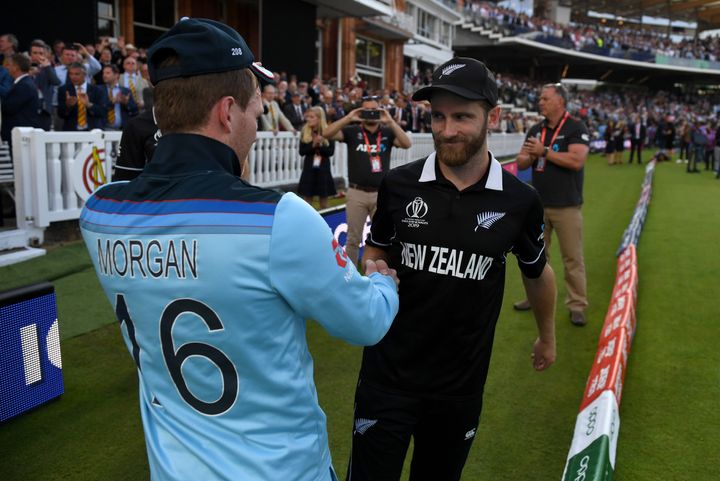 England captain Eoin Morgan with New Zealand captain Kane Williamson after winning the Final of the ICC Cricket World Cup 2019 on July 14, 2019.
