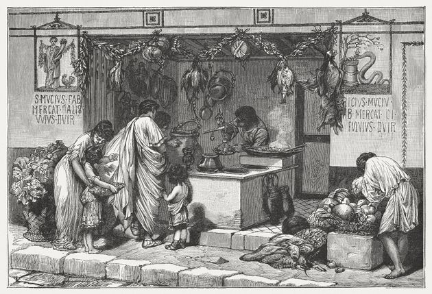 Scene from Ancient Rome: Delicatessen business with food. Wood engraving, published around