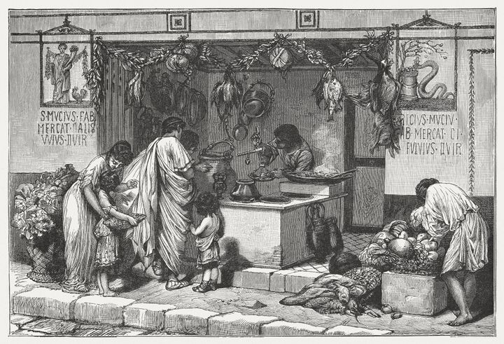 Scene from Ancient Rome: Delicatessen business with food. Wood engraving, published around 1895.