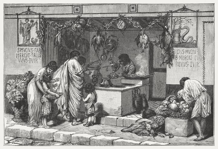 Scene from Ancient Rome: Delicatessen business with food. Wood engraving, published around 1895.