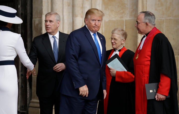 President Donald Trump and first lady Melania Trump with Prince Andrew during Trump's state visit to Britain in June 2019.