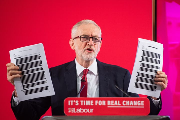 Jeremy Corbyn holds redacted copies of UK-US trade talks documents