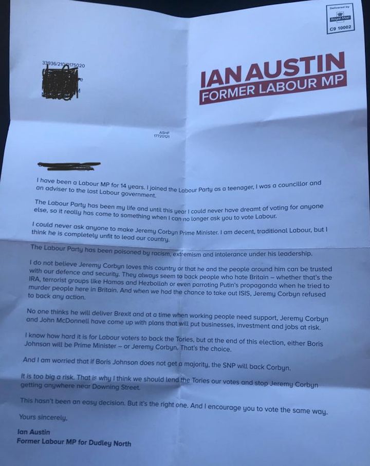 Ian Austin's letter to voters, sent by the Tories