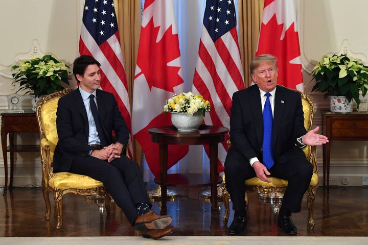 U.S. President Donald Trump speaks during a meeting with Canada's Prime Minister Justin Trudeau at Winfield House, London on Dec. 3, 2019.