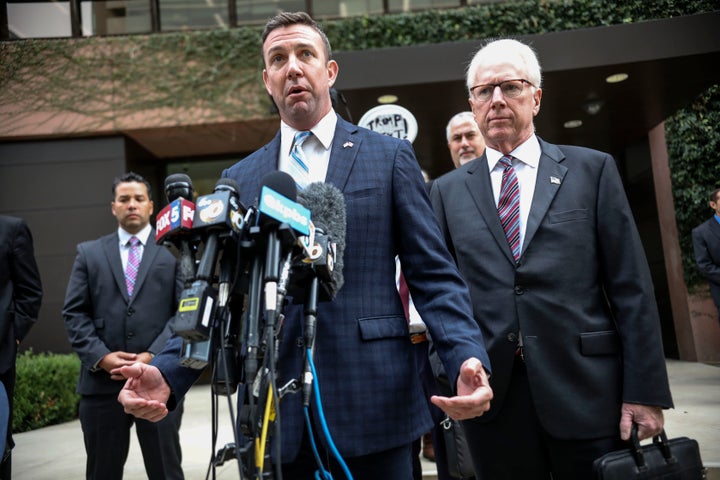 Rep. Duncan Hunter (R-CA) speaks to members of the media after walking out of Federal Courthouse on Tuesday in San Diego, Cal