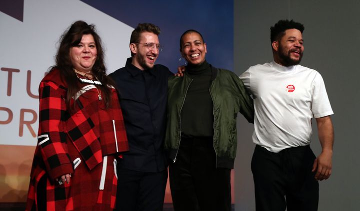 Tai Shani, Lawrence Abu Hamdan, Helen Cammock and Oscar Murillo, after being announced as the winners for the 2019 Turner Prize at Dreamland Margate.