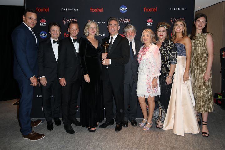  Cast and crew of Lambs of God pose with the AACTA Award for Best Telefeature or Mini Series.