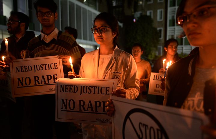 Resident doctors and medical students from AIIMS seen during candle-lit march to protest against the rape and murder of a 27-year-old woman on the outskirts of Hyderabad.