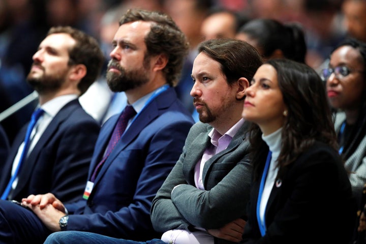 Pablo Casado (PP), Iván Espinosa de los Monteros (Vox), Pablo Iglesias (Podemos), e Inés Arrimadas (Ciudadanos), i-d.