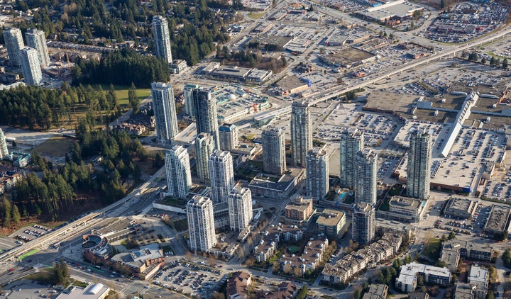 Residential high-rises and a shopping centre in the Greater Vancouver city of Coquitlam, B.C., March 9, 2018: