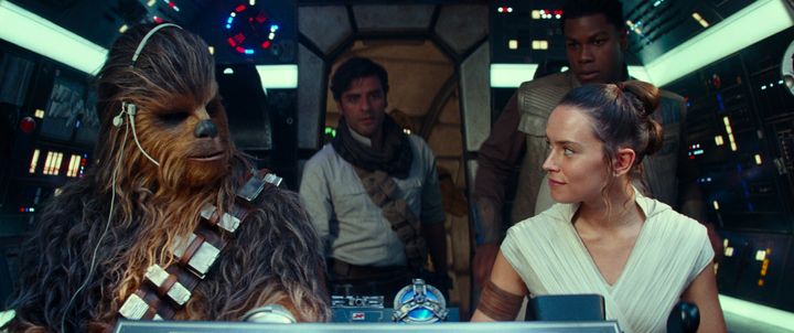 Joonas Suotamo is Chewbacca, Oscar Isaac is Poe Dameron, Daisy Ridley is Rey and John Boyega is Finn in "Star Wars: The Rise of Skywalker."