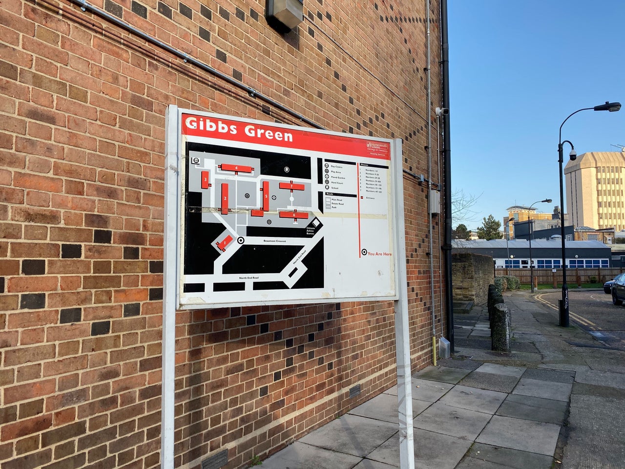 A sign for the Gibbs Green estate in west London 