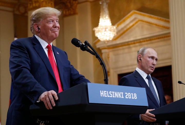 President Donald Trump beside Russian President Vladimir Putin during a press conference in Helsinki, Finland, in July 2018.