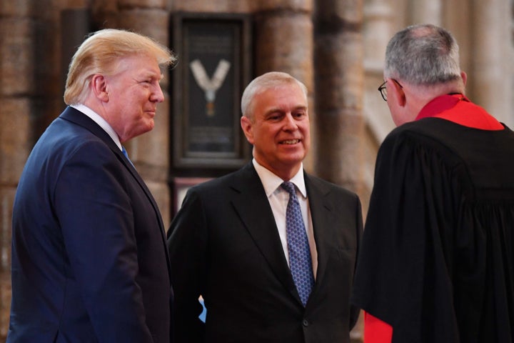 Prince Andrew and President Donald Trump talk with Dean of Westminster John Hall (right) during a June 3 visit to Westminster Abbey in London.