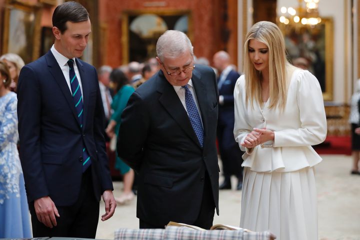 Ivanka Trump and Jared Kushner view displays from the Royal Collection with Prince Andrew at Buckingham Palace on June 3.