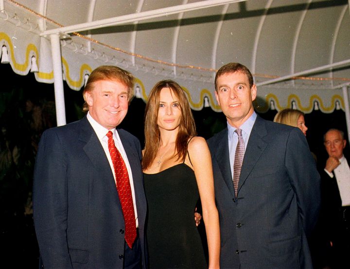 Donald Trump, his then-girlfriend Melania Knauss and Prince Andrew pose together at Mar-a-Lago in Palm Beach, Florida, on Feb. 12, 2000.
