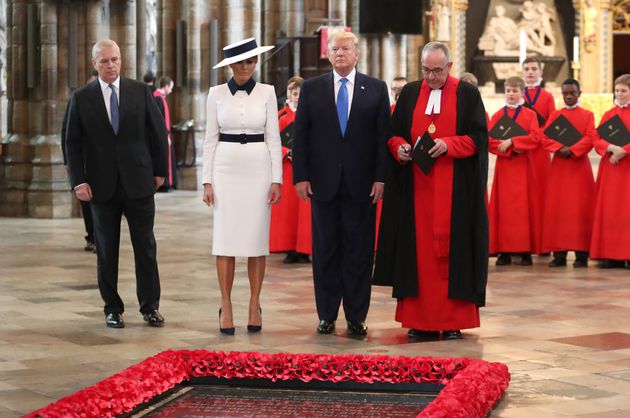 The Duke of York (left) with Donald Trump, first lady Melania Trump and the dean of Westminster at the Grave of the Unknown Warrior on June 3 in London.