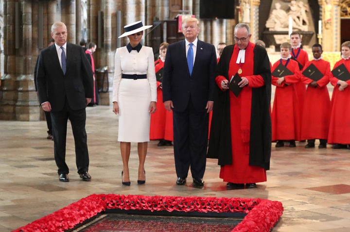 The Duke of York (left) with Donald Trump, first lady Melania Trump and the dean of Westminster at the Grave of the Unknown Warrior on June 3 in London.