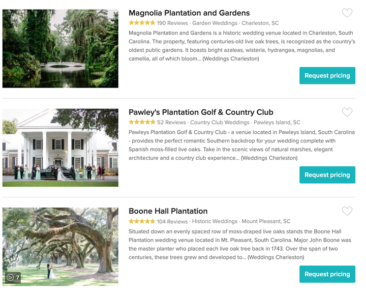 Here are a few popular plantations listed on Wedding Wire, including Boone Hall Plantation, where actors Blake Lively and Ryan Reynolds <a href="https://people.com/celebrity/blake-lively-ryan-reynolds-married-at-boone-hall-plantation/" target="_blank" rel="noopener noreferrer">were married in 2012</a>. Wedding Wire is working with the advocacy group Colors of Change to alter language guidelines.