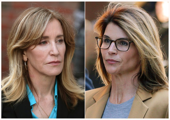 Felicity Huffman, left, and Lori Loughlin, right, outside of federal court in Boston on April 3, 2019, where they faced charges in a nationwide college admissions bribery scandal.